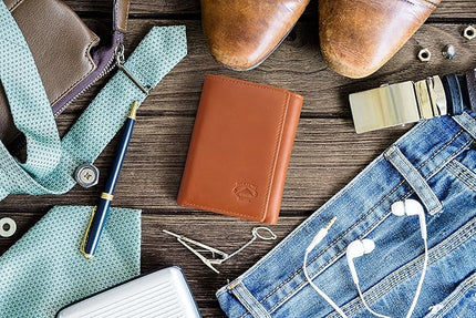 Stealth Mode Trifold Wallet - RFID Blocking Wallet with Flip ID Holder - Leather Case for Money, Credit Cards - Mens Organizer, Divided Billfold, Identity Protection - Men's Gifts (Light Brown)