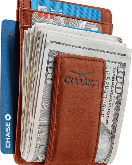 Money Clip Leather Wallet For Men Slim Front Pocket RFID Blocking with Super Strong Magnetic