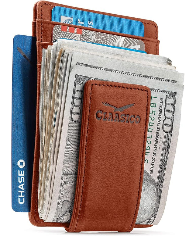 Money Clip Leather Wallet For Men Slim Front Pocket RFID Blocking with Super Strong Magnetic