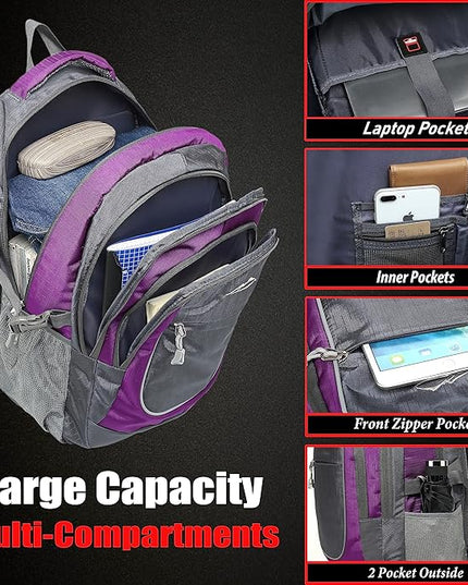 ProEtrade Backpack Bookbag for College Sturdy Travel Business Hiking Fit Laptop Up to 15.6 Inch Multi Compartment Gifts for Men Women Night Light Reflective (Purple A)