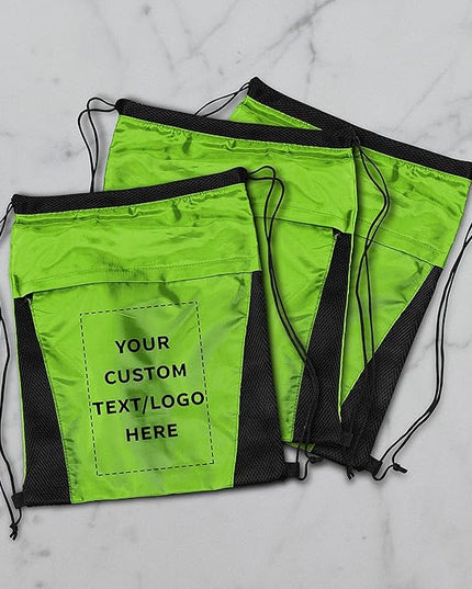 DISCOUNT PROMOS 10 Mesh Accent Drawstring Backpacks Set - Customizable Text, Logo - Two Tone, Front Pocket, Side Mesh - Lime Green