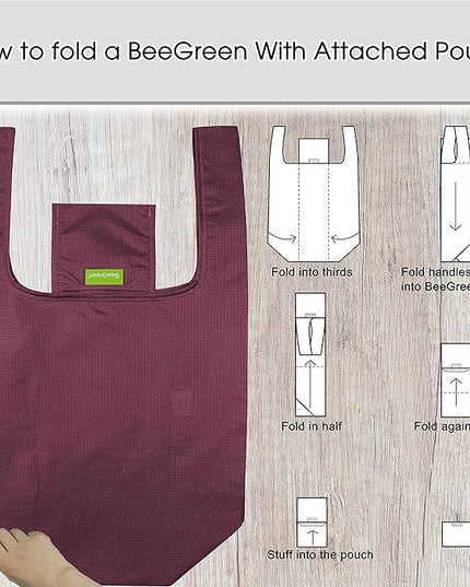 BeeGreen Burgundy Reusable Grocery Bags with Zipper Storage Pouch 10 Packs Wine Red Reusable Shopping Bags Bulk Foldable-Machine Washable