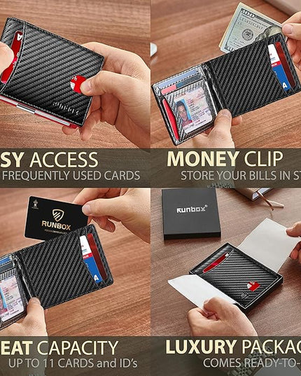 RUNBOX Slim Wallet for Men Genuine Leather RFID Blocking Bifold Minimalist Front Pocket Mens Wallet with Money Clip Thin Gift Box