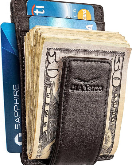 Money Clip Leather Wallet For Men Slim Front Pocket RFID Blocking with Super Strong Magnetic