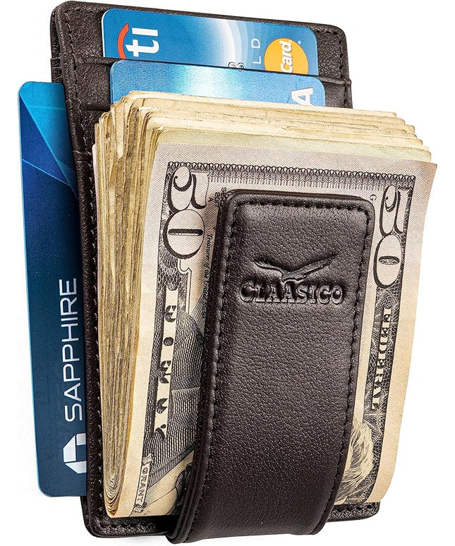 Money Clip Leather Wallet For Men Slim Front Pocket RFID Blocking with Super Strong Magnetic