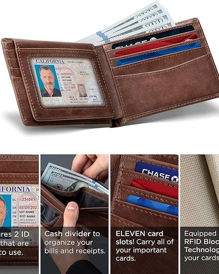 SERMAN BRANDS 2 ID Window Wallet for Men RFID Blocking Leather, Bifold Top Flip, Extra Capacity Travel Wallet