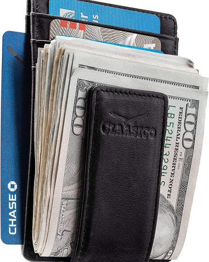 Money Clip Leather Wallet For Men Slim Front Pocket RFID Blocking with Super Strong Magnetic