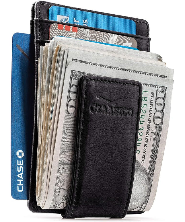 Money Clip Leather Wallet For Men Slim Front Pocket RFID Blocking with Super Strong Magnetic