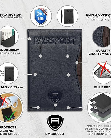 Alban RFID Passport Holder Women Men RFID Blocking Travel Passport Wallet Case Genuine Leather Passport Cover porta pasaporte
