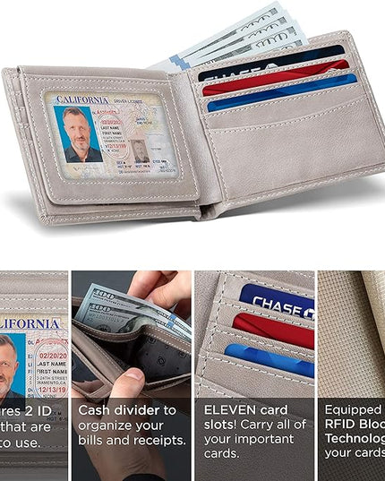 SERMAN BRANDS 2 ID Window Wallet for Men RFID Blocking Leather, Bifold Top Flip, Extra Capacity Travel Wallet