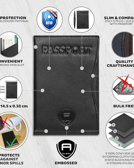 Alban RFID Passport Holder Women Men RFID Blocking Travel Passport Wallet Case Genuine Leather Passport Cover porta pasaporte