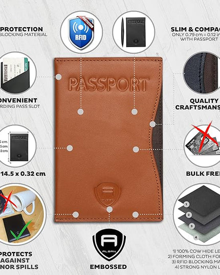 Alban RFID Passport Holder Women Men RFID Blocking Travel Passport Wallet Case Genuine Leather Passport Cover porta pasaporte